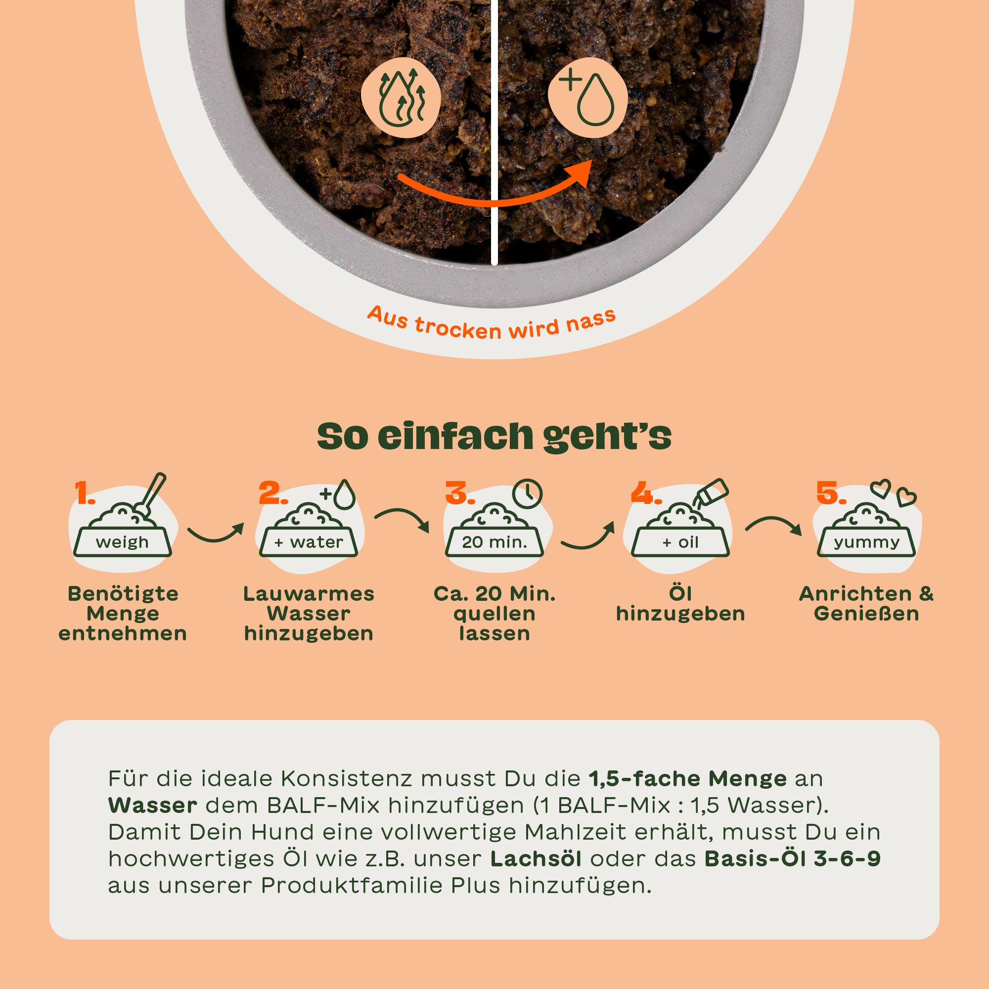 Infografik zur Zubereitung des BARFER’S BALF-Mix für Hunde – Mischung mit 1,5-facher Menge Wasser aufgießen, 20 Minuten quellen lassen, Öl hinzufügen und servieren