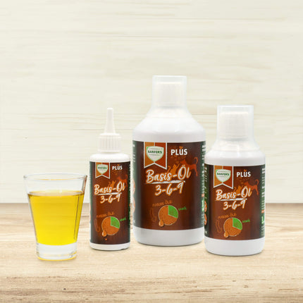BARFER’S Plus Basis-Öl 3-6-9 in drei Flaschengrößen mit Glas – BARF-Zusätze für Hunde und Katzen zur optimalen Versorgung mit Omega-Fettsäuren