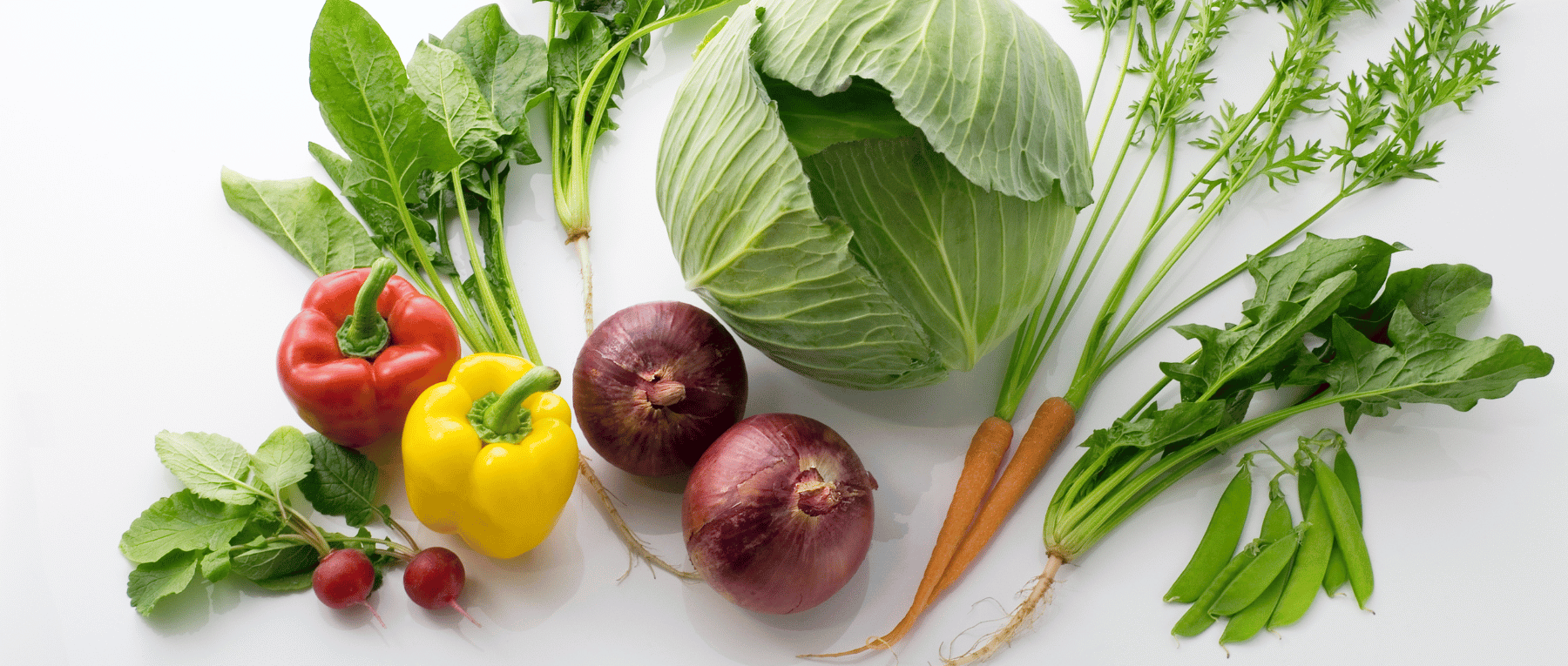 Frisches Gemüse auf weißem Hintergrund – Paprika, Kohl, Karotten, Zwiebeln, Spinat, Radieschen und Erbsen