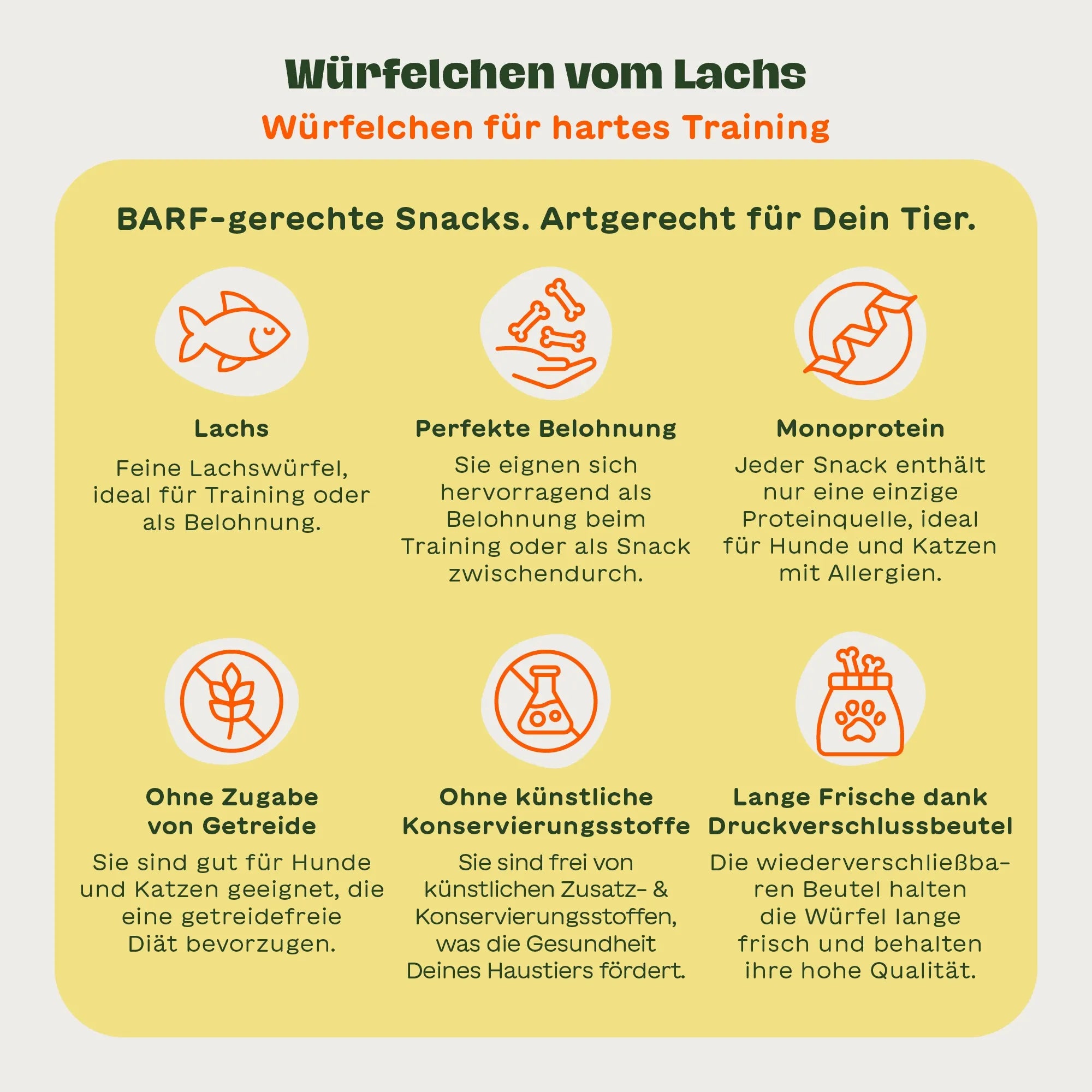 6 Illustrationen mit passendem Text zu den BARFER'S Leckerli "Würfelchen vom Lachs - Würfelchen für hartes Training": "Lachs", "Perfekte Belohnung", "Monoprotein", "Ohne Zugabe von Getreide", "Ohne künstliche Konservierungsstoffe" und "Lange Frische dank Druckverschlussbeutel"