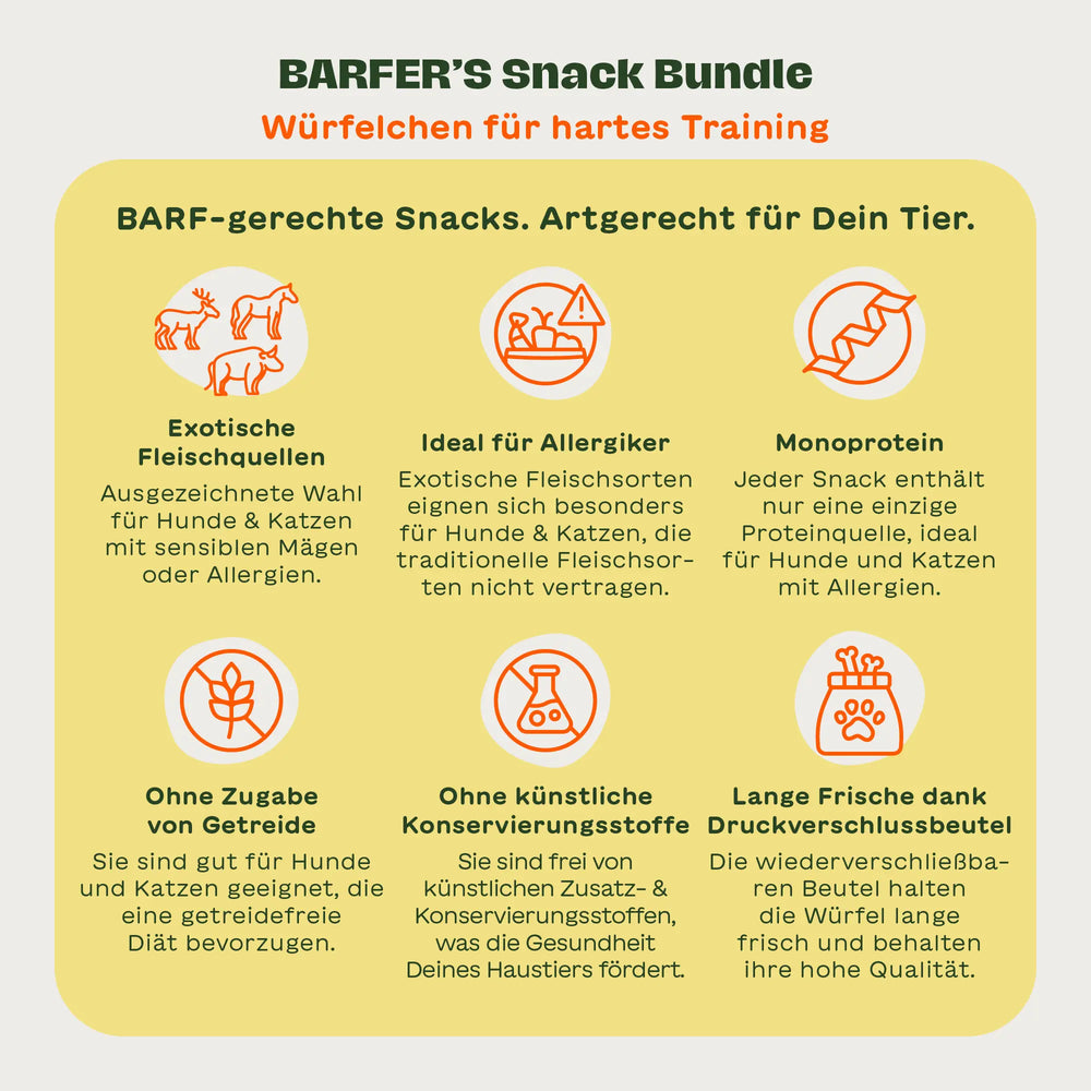6 Illustrationen mit jeweils passendem Text, die "BARFER'S Snack Bundle - Würfelchen für hartes Training" beschreiben: "Exotische Fleischquellen", "Ideal für Allergiker", "Monoprotein", "Ohne Zugabe von Getreide", "Ohne künstliche Konservierungsstoffe" und "Lange Frische dank Druckverschlussbeutel"