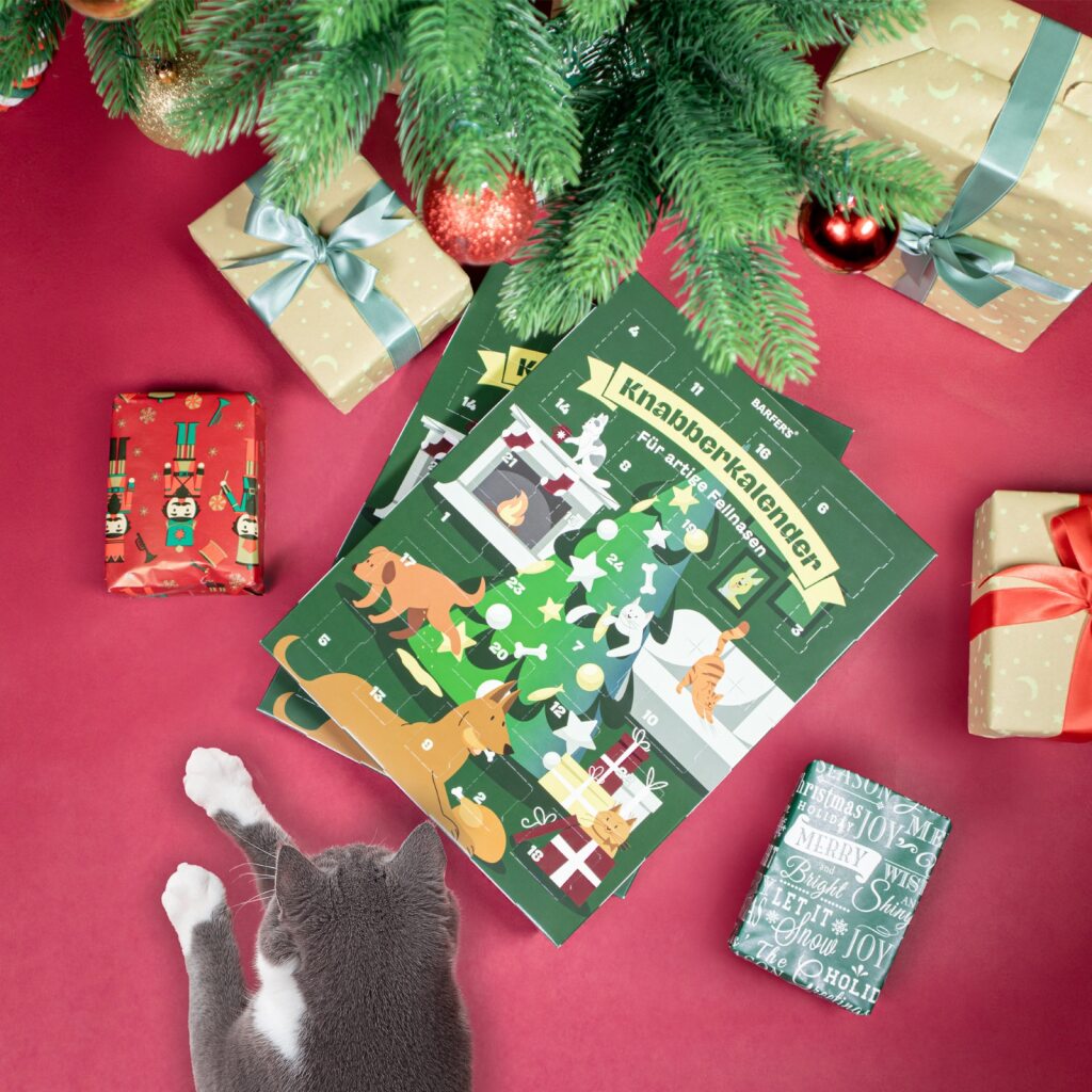 Eine neugierige Katze betrachtet mehrere BARFER’S Knabberkalender, die unter einem weihnachtlich geschmückten Baum mit Geschenken liegen