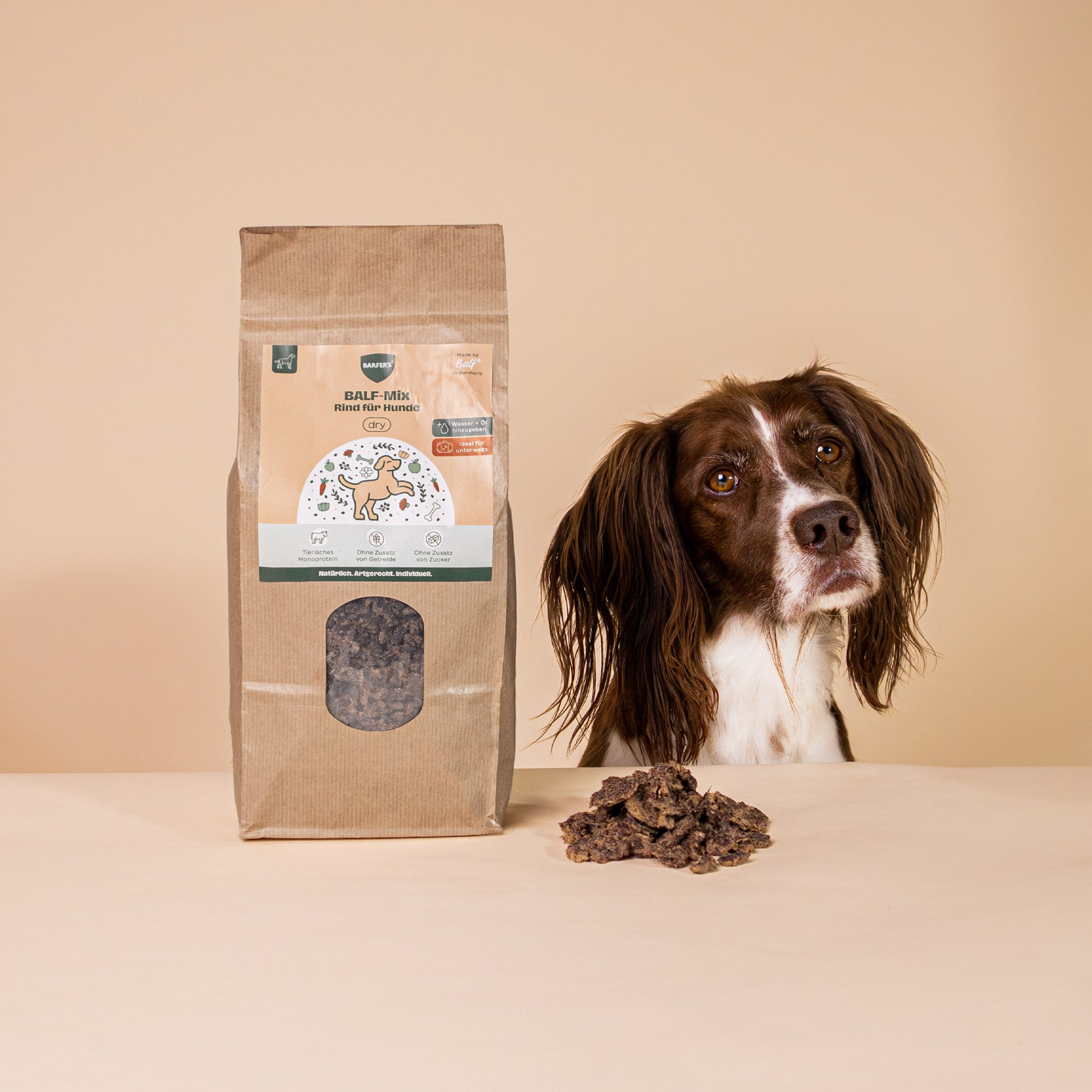 Hund sitzt neben einer Packung BARFER’S BALF-Mix Rind für Hunde – luftgetrocknetes BARF-Trockenfutter mit Rindermuskelfleisch, Rinderpansen, Rinderblättermagen, Rinderlunge, Rinderleber, Rindermilz, Rinderniere, Rinderknochen und pflanzlichen Zusätzen wie Leinkuchen, Apfeltrester und Seealgenmehl