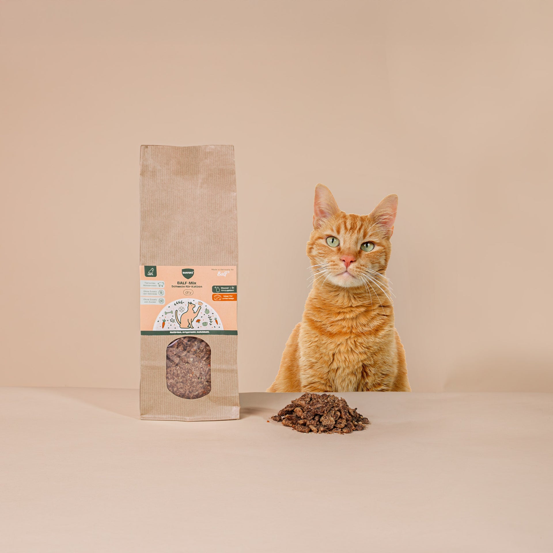 Eine rot getigerte Katze sitzt neben einer 500g Verpackung des luftgetrockneten BARFER’S BALF-Mix Schwein für Katzen – daneben liegt eine Portion der Trockenbarf-Mischung