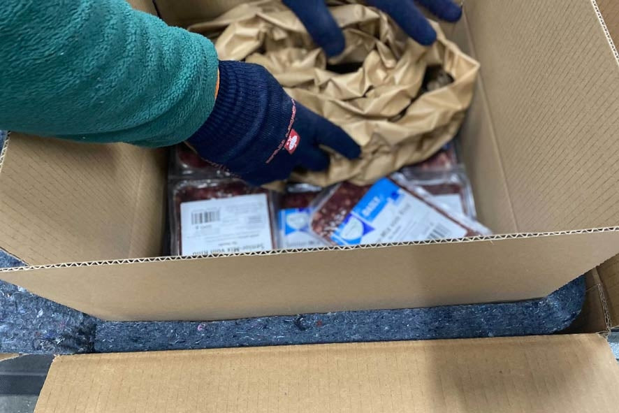 Eine Person mit blauen Handschuhen packt eine Versandbox mit gefrorenen BARFER’S Fleischprodukten aus, die mit braunem Papier und Isoliermaterial geschützt sind
