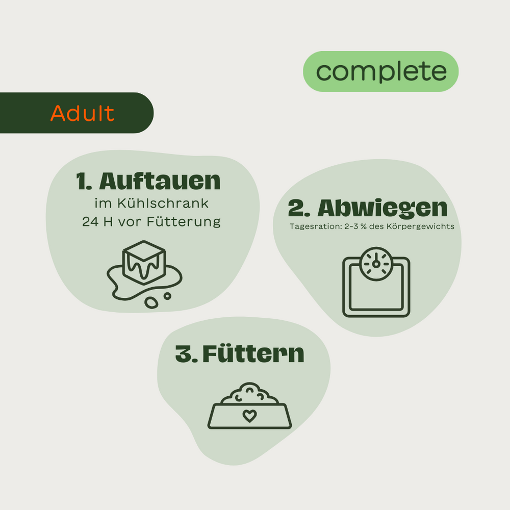 Grafik mit Fütterungsschritten für BARFER’S complete Komplett-Mix Adult: Auftauen im Kühlschrank 24 H vor Fütterung, Abwiegen der Tagesmenge (2–3 % des Körpergewichts) und Füttern