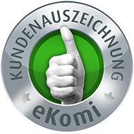 Silbernes eKomi Gütesiegel Kundenauszeichnung mit Daumen-hoch