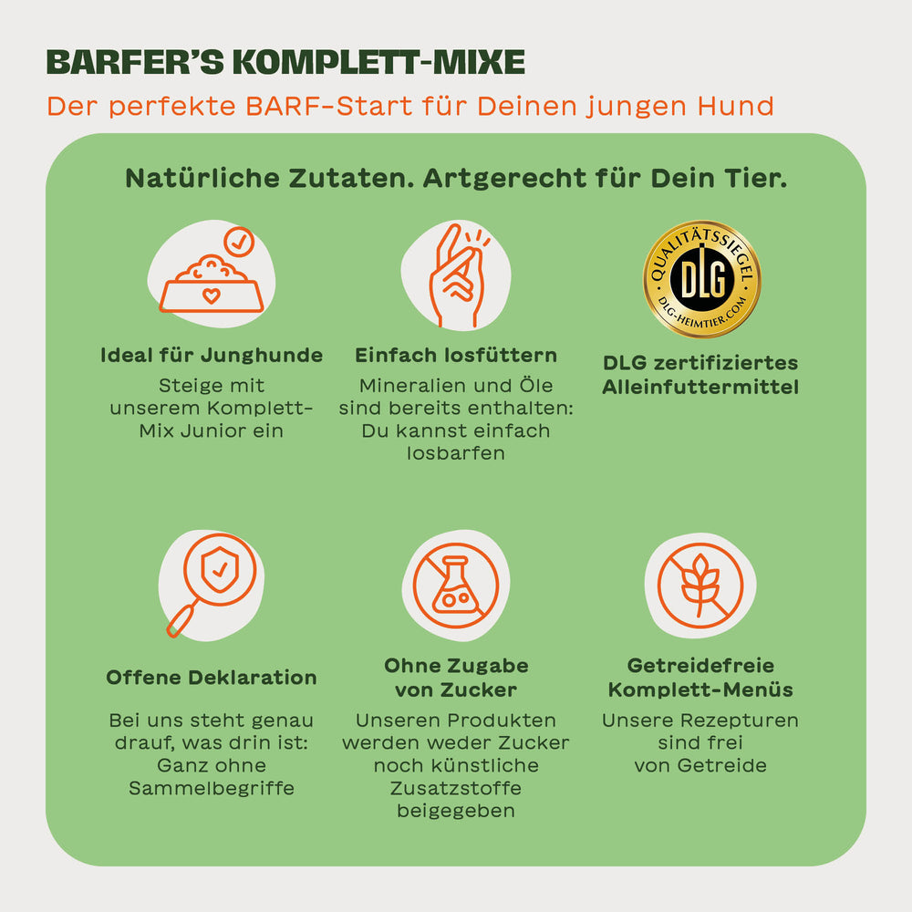 Infografik mit 6 Vorteilen der BARFER’S Komplett-Mixe: ideal für Junghunde, einfach losfüttern, DLG-zertifiziertes Alleinfuttermittel, offene Deklaration, ohne Zuckerzusatz, getreidefrei