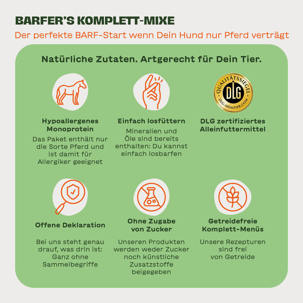 Grafik mit Vorteilen der BARFER’S Komplett-Mixe für Hunde mit Pferd – hypoallergenes Monoprotein, einfach losfüttern mit Fertigbarf, DLG-zertifiziertes Alleinfuttermittel, offene Deklaration, frei von Zucker und Getreide