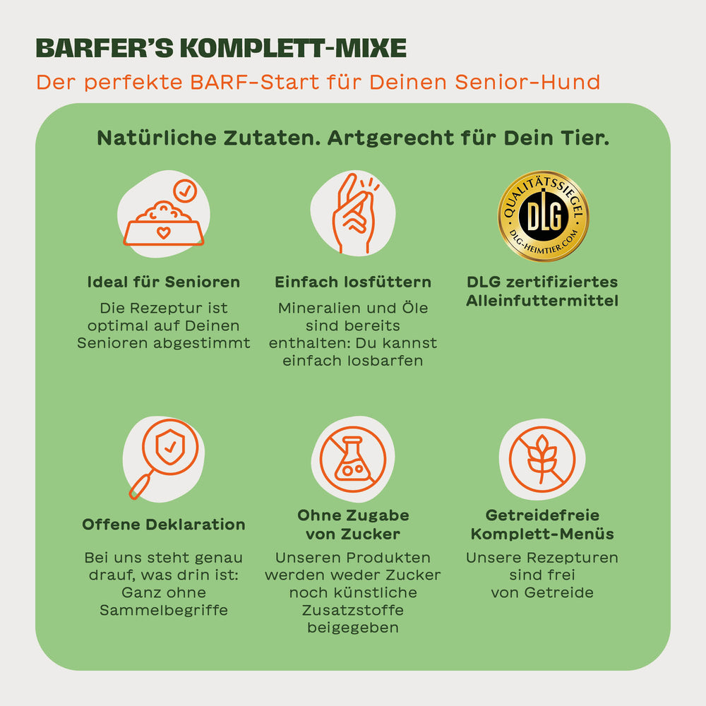 Grafik mit dem Titel „BARFER’S Komplett-Mixe – Der perfekte BARF-Start für Deinen Senior-Hund“. Sechs Icons zeigen die Vorteile: ideal für Senioren, einfach losfüttern, DLG-zertifiziertes Alleinfuttermittel, offene Deklaration, ohne Zuckerzusatz und getreidefrei. Grüner Hintergrund, Icons in Orange und Weiß