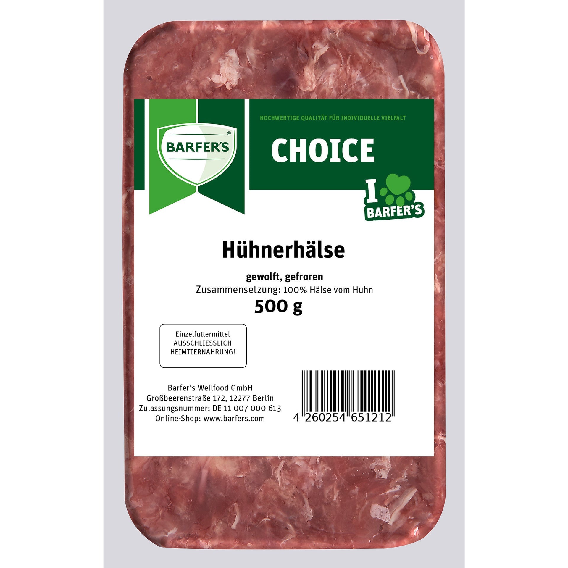 Verpackung BARFER’S Choice Hühnerhälse, gewolft und gefroren, 500 g – 100 % Hälse vom Huhn, Einzelfuttermittel für Hunde & Katzen