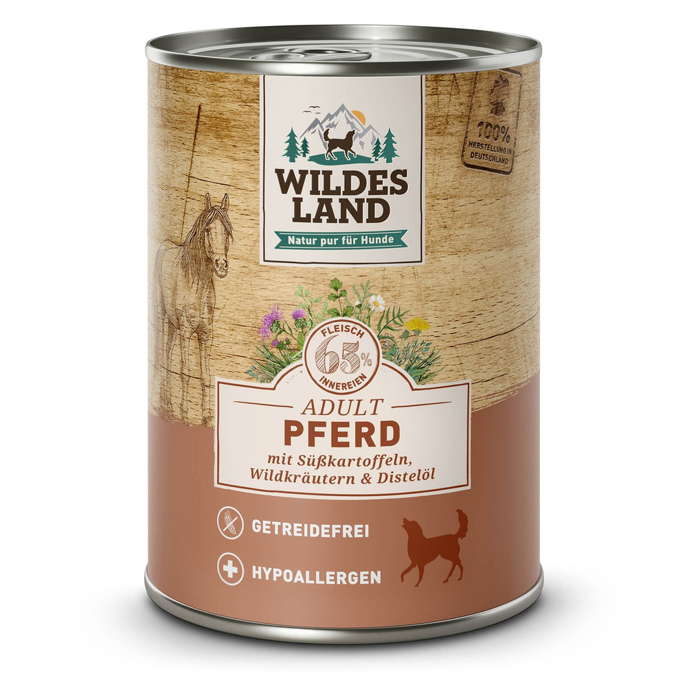Kleine 400 g Dose Wildes Land Adult Pferd Hundefutter – braun-beiges Etikett mit Pferdezeichnung, Blumen und Schriftzug ‚Adult Pferd mit Süßkartoffeln, Wildkräutern & Distelöl, getreidefrei, hypoallergen