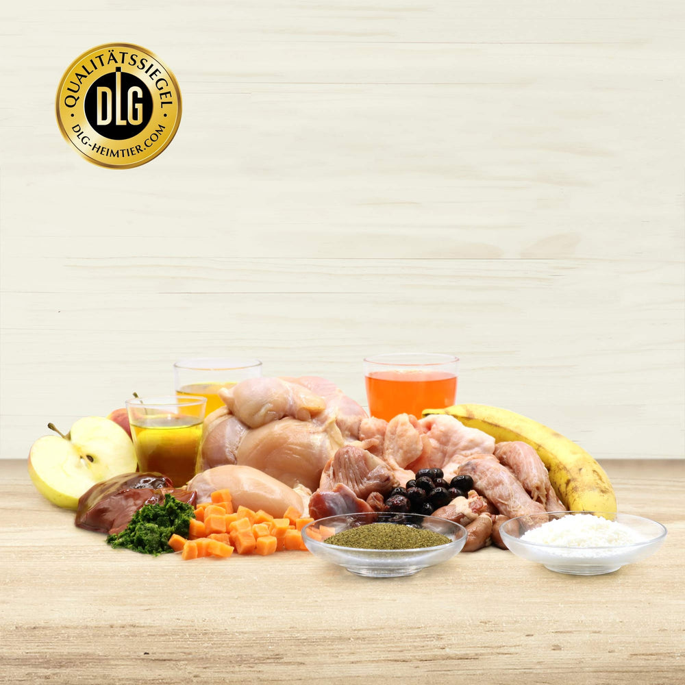 Zutaten des BARFER’S Komplett-Mix Geflügel: Geflügelfleisch, Innereien, Knochen, Obst, Gemüse, Dorschlebertran, Lein- und Lachsöl, Seealgenmehl, Kokosraspeln – ausgewogenes Fertigbarf für Hunde mit DLG-Auszeichnung