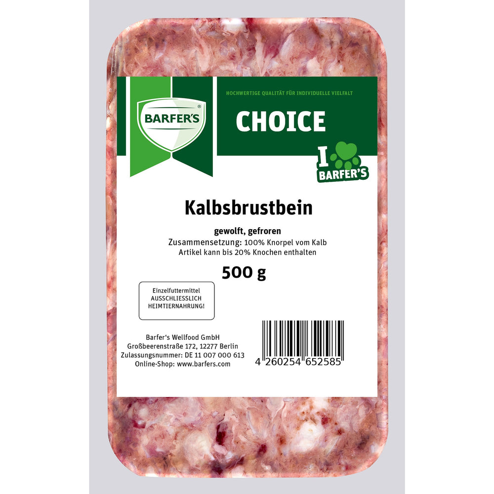 Gefrorene 500g-Packung BARFER’S Choice Kalbsbrustbein, gewolft aus 100% Knorpel vom Kalb, Einzelfuttermittel
