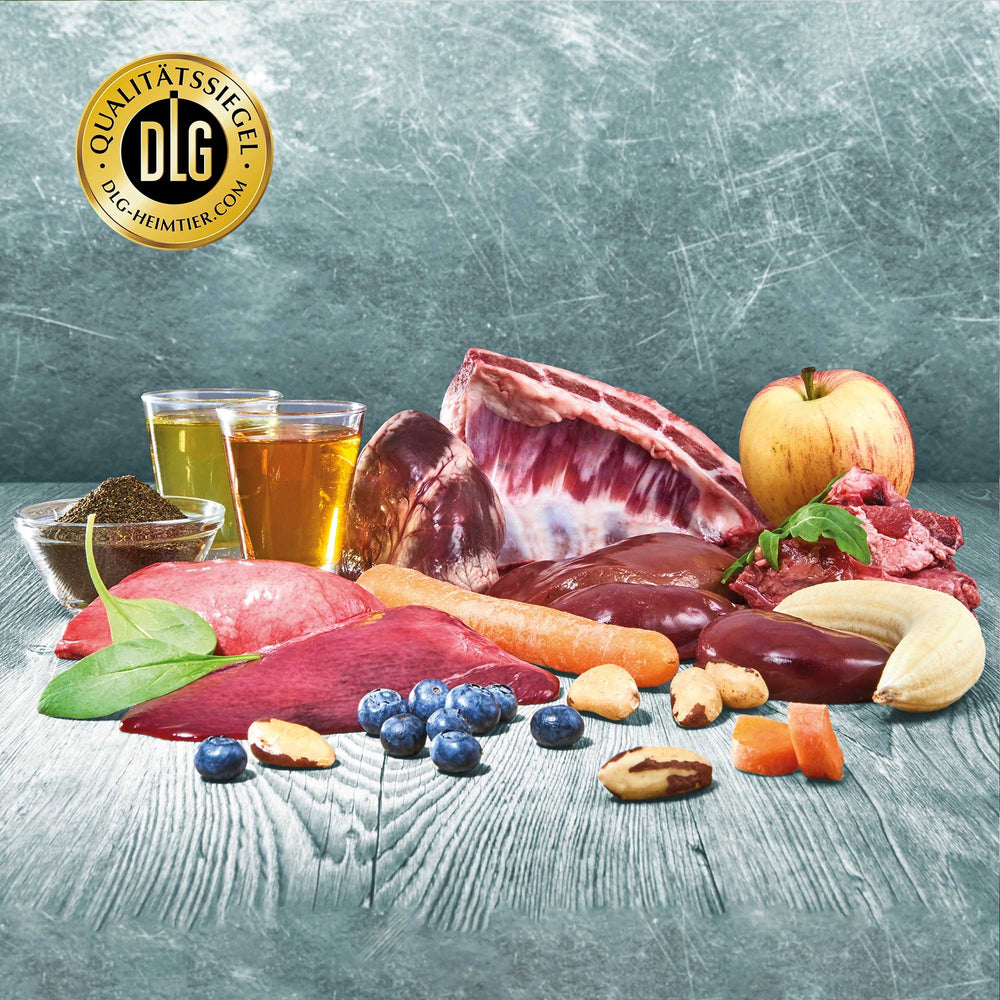 Zutaten des BARFER’S Komplett-Mix Lamm: Lamm, Innereien, Knochen, Obst, Gemüse, Dorschlebertran, Lein- und Lachsöl, Seealgenmehl – artgerechtes Fertigbarf für adulte Hunde mit DLG-Auszeichnung