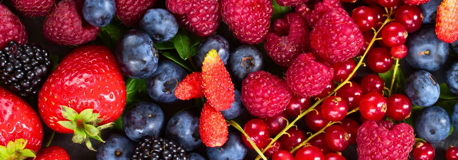Nahaufnahme von frischen Erdbeeren, Brombeeren, Himbeeren, Blaubeeren und Johannisbeeren