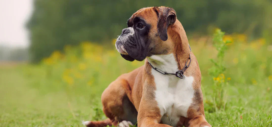 Deutscher Boxer Hund liegt auf einer Wiese mit gelben Blumen und schaut zur Seite