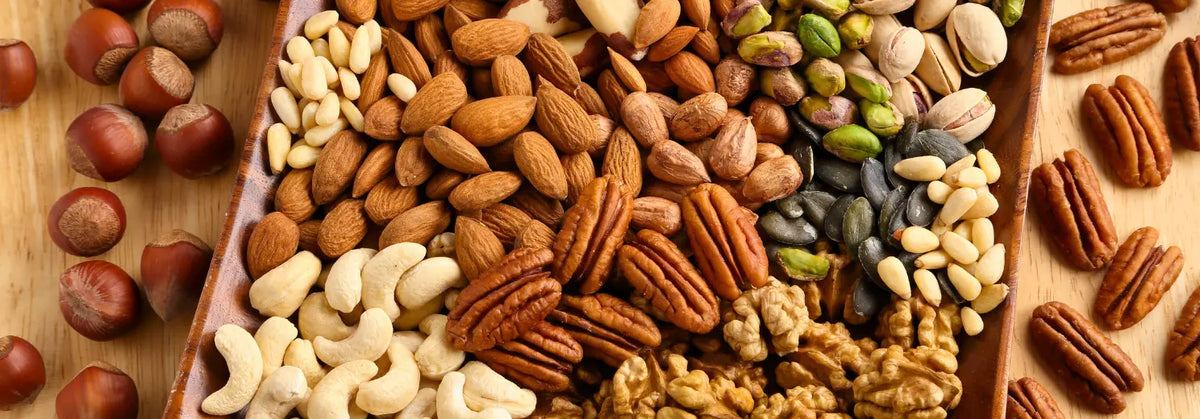 Verschiedene Nusssorten wie Mandeln, Cashewkerne, Pekannüsse, Walnüsse, Pistazien, Kürbiskerne und Haselnüsse in einer Holzschale, mit ganzen Haselnüssen daneben