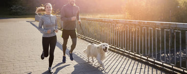 Ein Paar, das mit seinem Hund an der Leine joggt