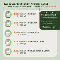 Übersicht des BARFER’S Probierpakets für adulte Hunde mit 2 × Komplett-Mix Rind, Lamm, Geflügel, Huhn & Lachs sowie Kaninchen & Lamm – inklusive gratis Adventskalender, Frischhaltedose und BARF-Guide für Neukund:innen