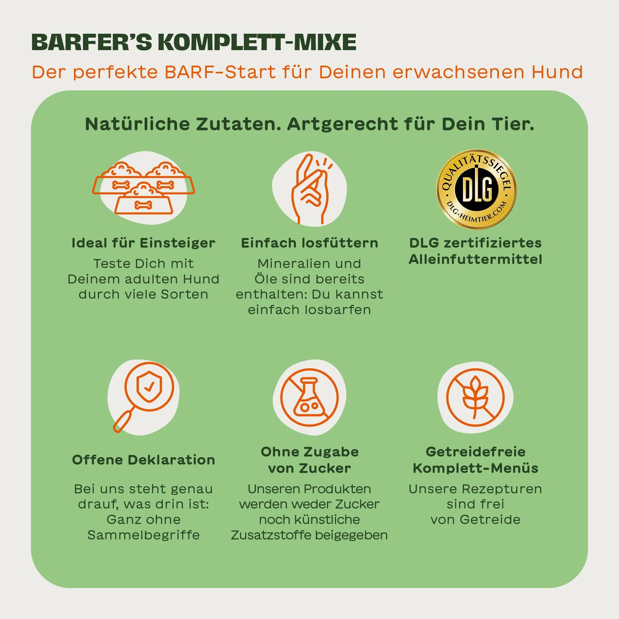 Infografik zu BARFER’S Komplett-Mixen für Hunde – zeigt Vorteile wie einfache Handhabung, DLG-Zertifizierung, offene Deklaration, getreidefreie Rezepturen und natürliche Zutaten
