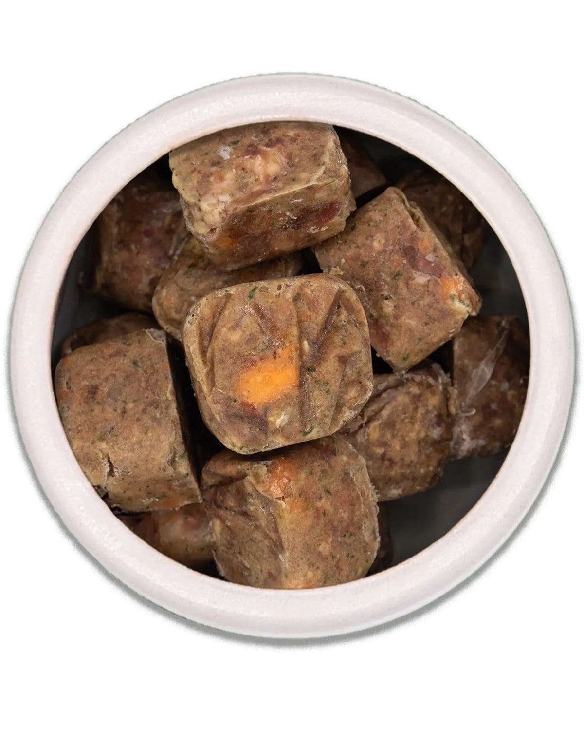 Napf mit gefrorenen BARFER'S Komplett-Mix Würfeln, Fertigbarf mit Fleisch, Innereien, Knochen, Gemüse und Obst 