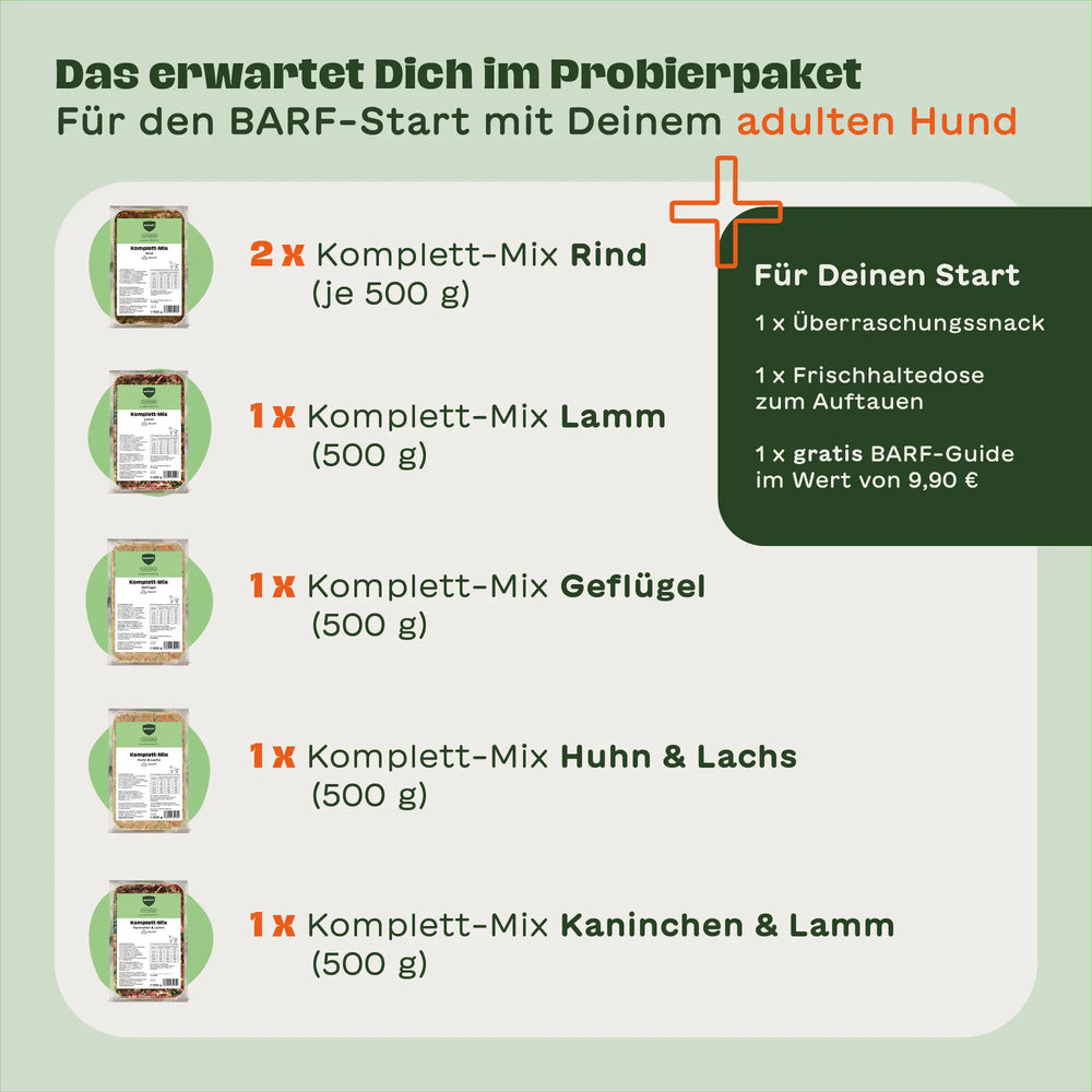 Inhalt des BARFER’S Kleines Probierpaket für Hunde: Komplett-Mix Rind, Lamm, Geflügel, Huhn & Lachs sowie Kaninchen & Lamm in 500g Packungen plus Überraschungssnack, Frischhaltedose und BARF-Guide