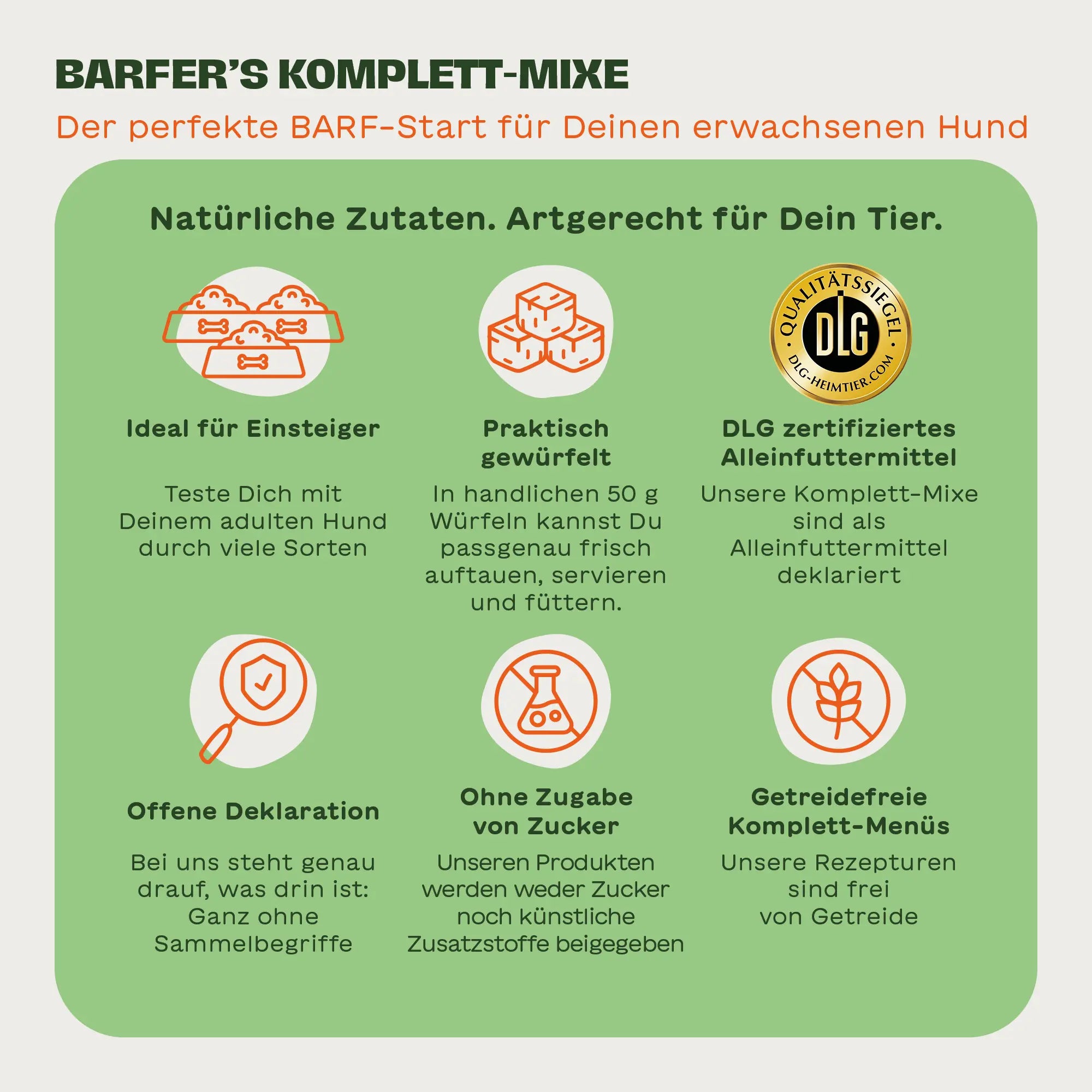 BARFER’S Komplett-Mixe für Hunde – Übersicht der Vorteile: natürliche Zutaten, praktisch gewürfelte 50g Portionen, DLG-zertifiziertes Alleinfuttermittel, offene Deklaration, ohne Zuckerzusatz und getreidefreie Rezepturen mit Icons und Qualitätssiegel