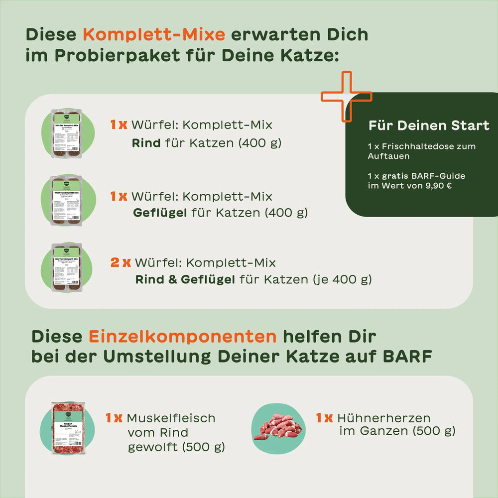 Inhalt vom BARFER’S Kleinen  BARF-Probierpaket für Katzen: Komplett-Mix Rind, Geflügel sowie Rind & Geflügel in 400g Würfeln plus Einzelkomponenten wie gewolftes Rindermuskelfleisch und ganze Hühnerherzen inklusive BARF-Guide und Frischhaltedose