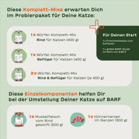 Inhalt vom BARFER’S Kleinen  BARF-Probierpaket für Katzen: Komplett-Mix Rind, Geflügel sowie Rind & Geflügel in 400g Würfeln plus Einzelkomponenten wie gewolftes Rindermuskelfleisch und ganze Hühnerherzen inklusive BARF-Guide und Frischhaltedose
