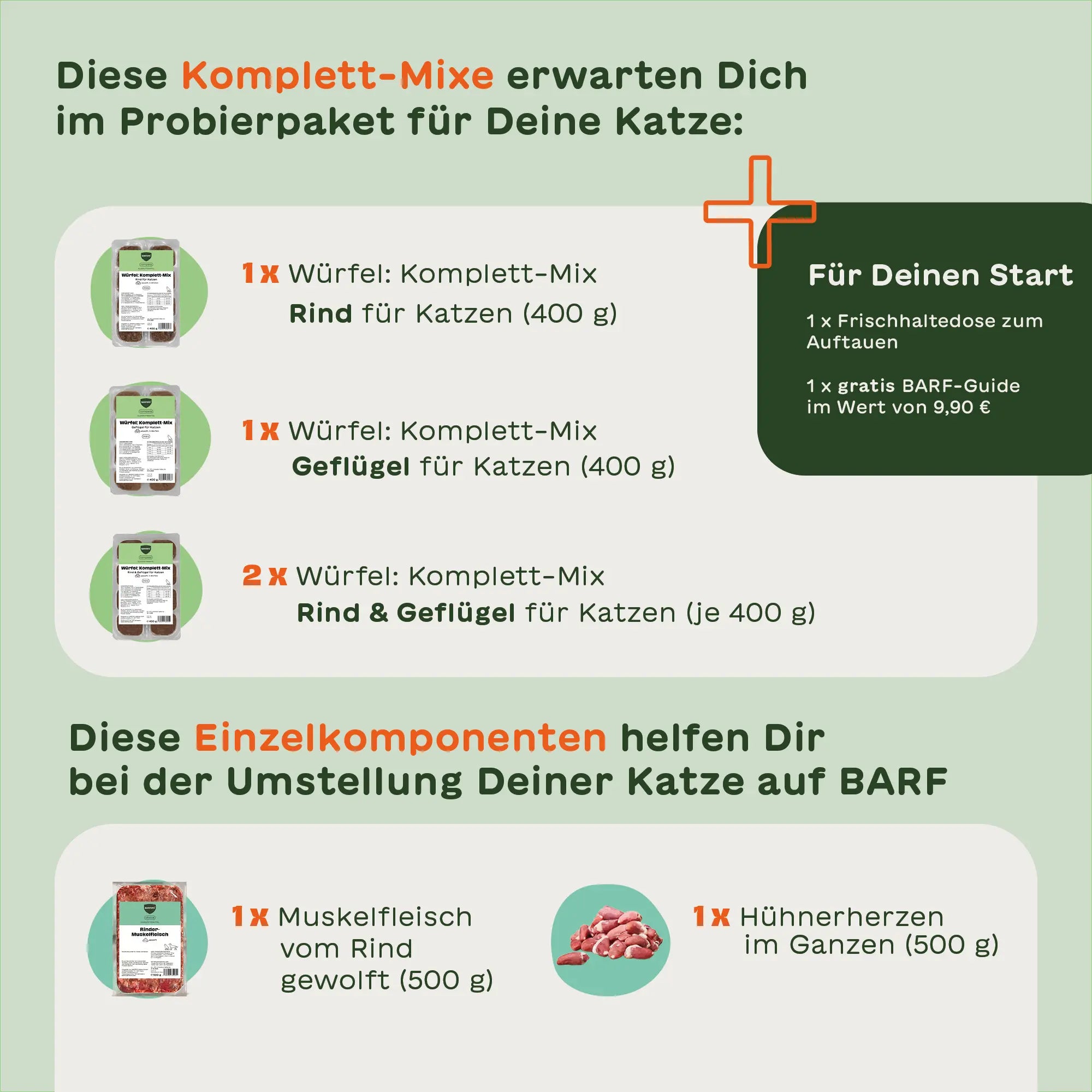 Inhalt vom BARFER’S Kleinen  BARF-Probierpaket für Katzen: Komplett-Mix Rind, Geflügel sowie Rind & Geflügel in 400g Würfeln plus Einzelkomponenten wie gewolftes Rindermuskelfleisch und ganze Hühnerherzen inklusive BARF-Guide und Frischhaltedose