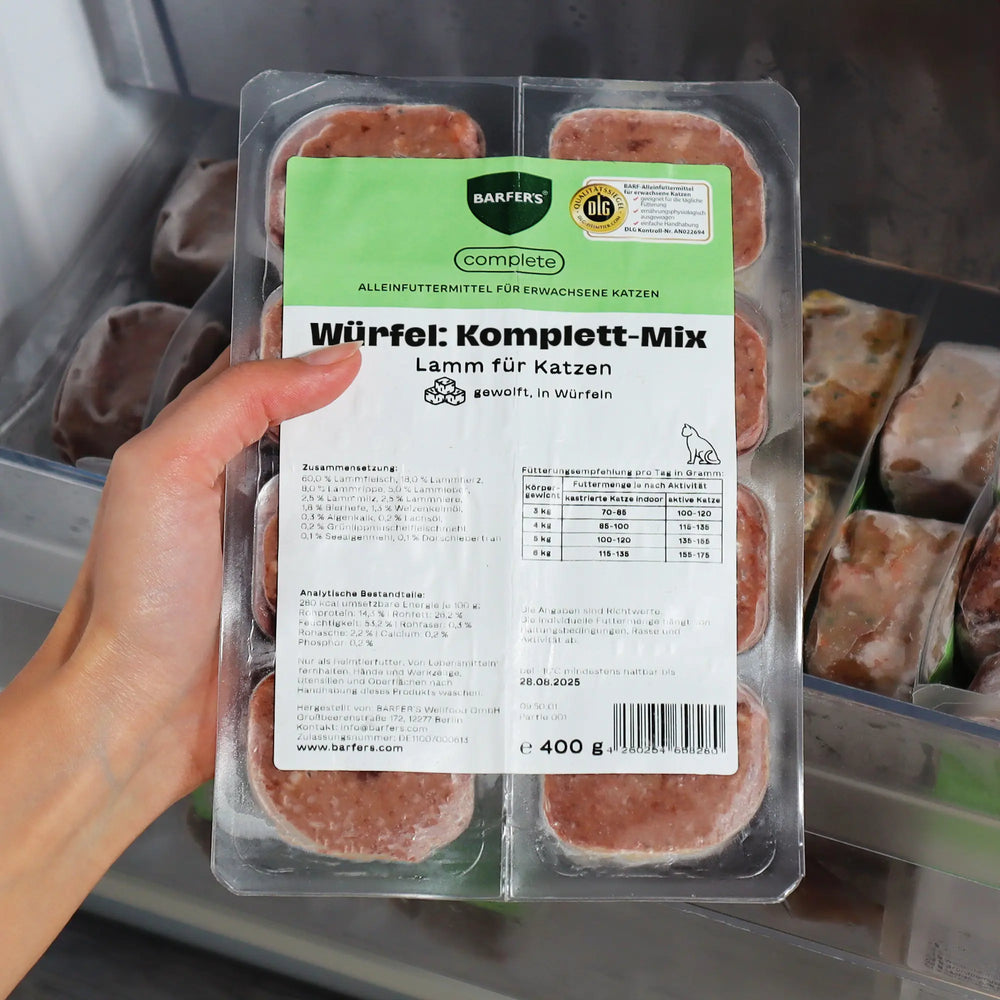 Eine Hand hält eine 400g Verpackung mit dem BARFER’S complete Würfel Komplett-Mix Lamm für Katzen über ein geöffnetes Gefrierfach – sichtbar sind 8 gefrorene 50g-Würfel mit Etikett und DLG-Siegel