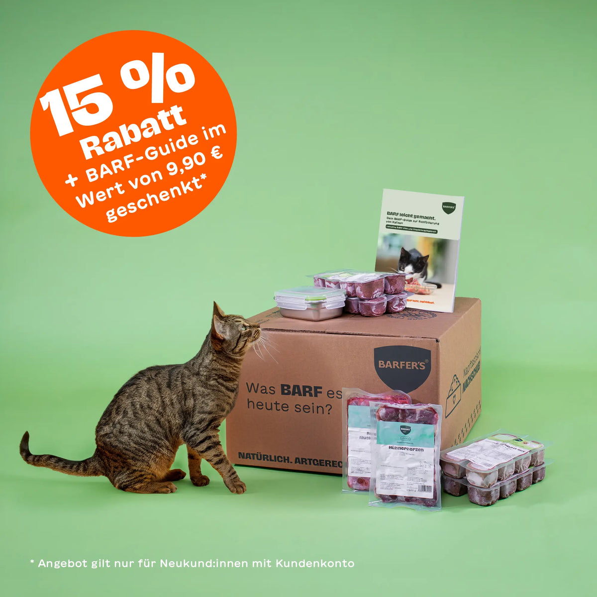 Getigerte Katze schaut auf BARFER’S Komplett-Mix Probierpaket für Katzen mit gefrorenen BARF-Würfeln, Fleischportionen und Guide auf Karton mit Aufdruck „Was BARF es heute sein?“ sowie orangem Badge „15 % Rabatt + BARF-Guide im Wert von 9,90 € geschenkt“ und *Angebot gilt nur Neukund:innen mit Kundenkonto