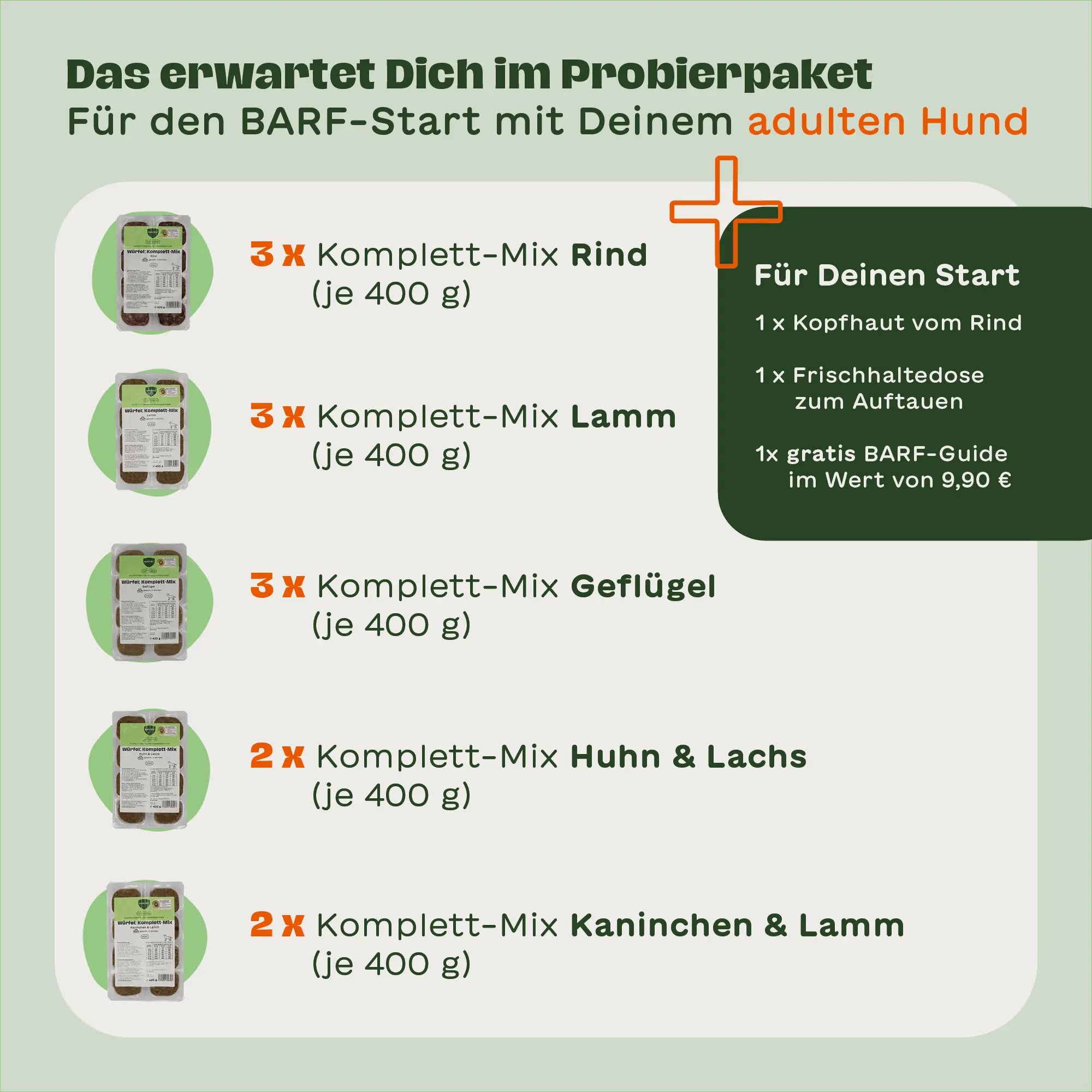 Inhalt des BARFER’S Würfel Probierpakets für kleine Hunde: 3 x Komplett-Mix Rind, 3 x Lamm, 3 xGeflügel, 2 x Huhn & Lachs sowie 2 x Kaninchen & Lamm in 400 g Würfeln plus Überraschungssnack, Frischhaltedose und BARF-Guide
