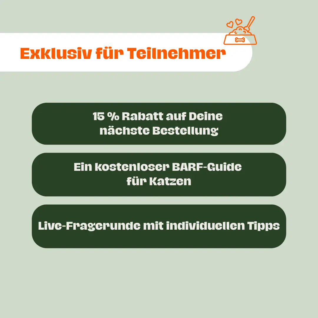 Text-Overlay: "Exklusive Vorteile für Teilnehmer des BARF-Webinars: 15 % Rabatt auf Deine nächste Bestellung, kostenloser BARF-Guide für Katzen Live-Fragerunde mit individuellen Tipps."