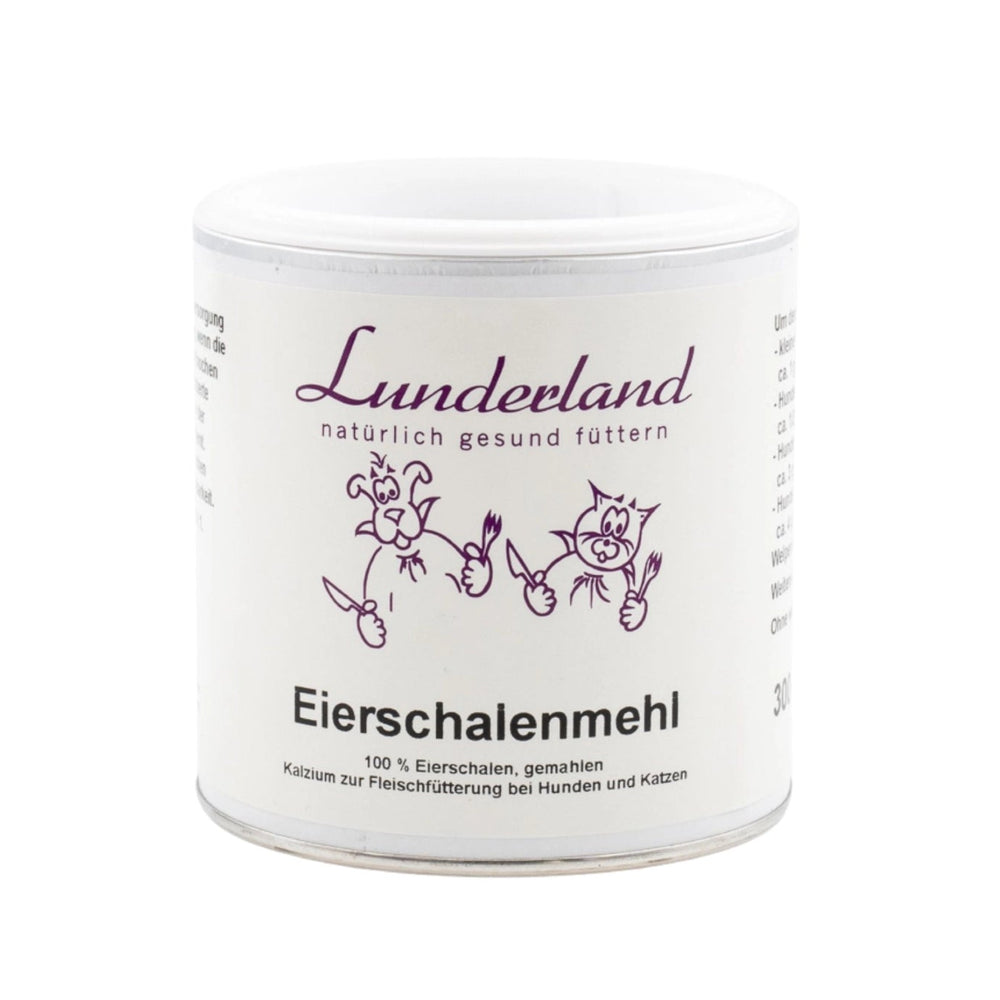 Weiße Dose Lunderland  Eierschalenmehl, 100 % gemahlene Eierschalen. Ergänzungsfuttermittel für Hunde und Katzen, reich an Calcium zur Unterstützung von Knochen und Zähnen.