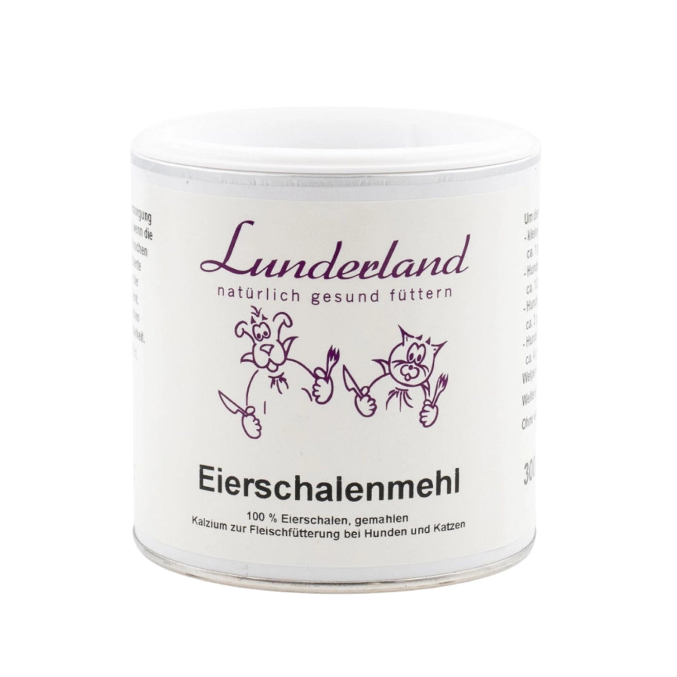 Weiße Dose Lunderland  Eierschalenmehl, 100 % gemahlene Eierschalen. Ergänzungsfuttermittel für Hunde und Katzen, reich an Calcium zur Unterstützung von Knochen und Zähnen.