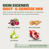 Grafik zur BARF-Gemüse- und Obstmischung mit 40 % Roter Beete, 30 % Pastinake, 15 % Birne und 10 % Granatapfel – empfohlen für den 20 % pflanzlichen Anteil im BARF-Weihnachtsnapf „Ente mit Rote Beete & Granatapfel“