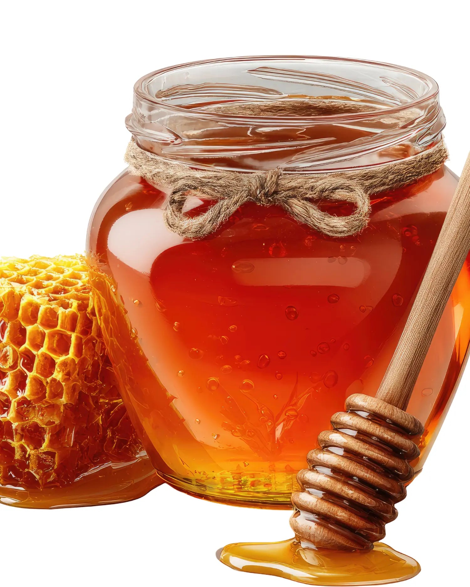 Glas mit flüssigem Honig und Honiglöffel, daneben ein Stück Honigwabe.