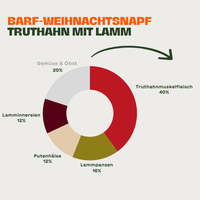 Kreisdiagramm zur Zusammensetzung des BARF-Weihnachtsnapfs „Truthahn mit Lamm“ für Hunde: 40 % Truthahnmuskelfleisch, 16 % Lammpansen, 12 % Putenhälse, 12 % Lamminnereien und 20 % Gemüse & Obst