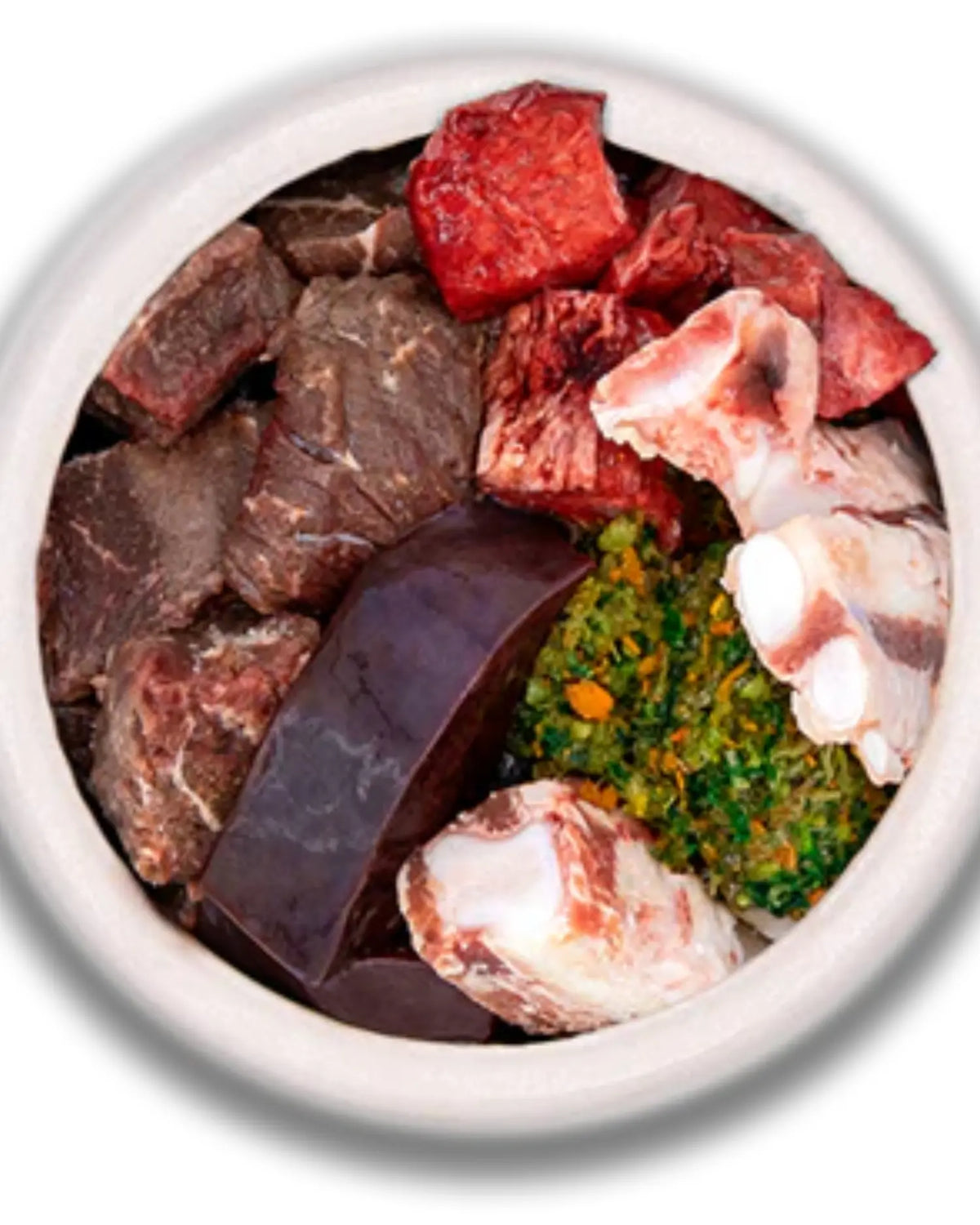 BARF-Napf von oben mit stückigem Rindermuskelfleisch, Innereien, fleischigen Knochen, pürierter Gemüse-Obst-Mischung und natürlichen Zusätzen