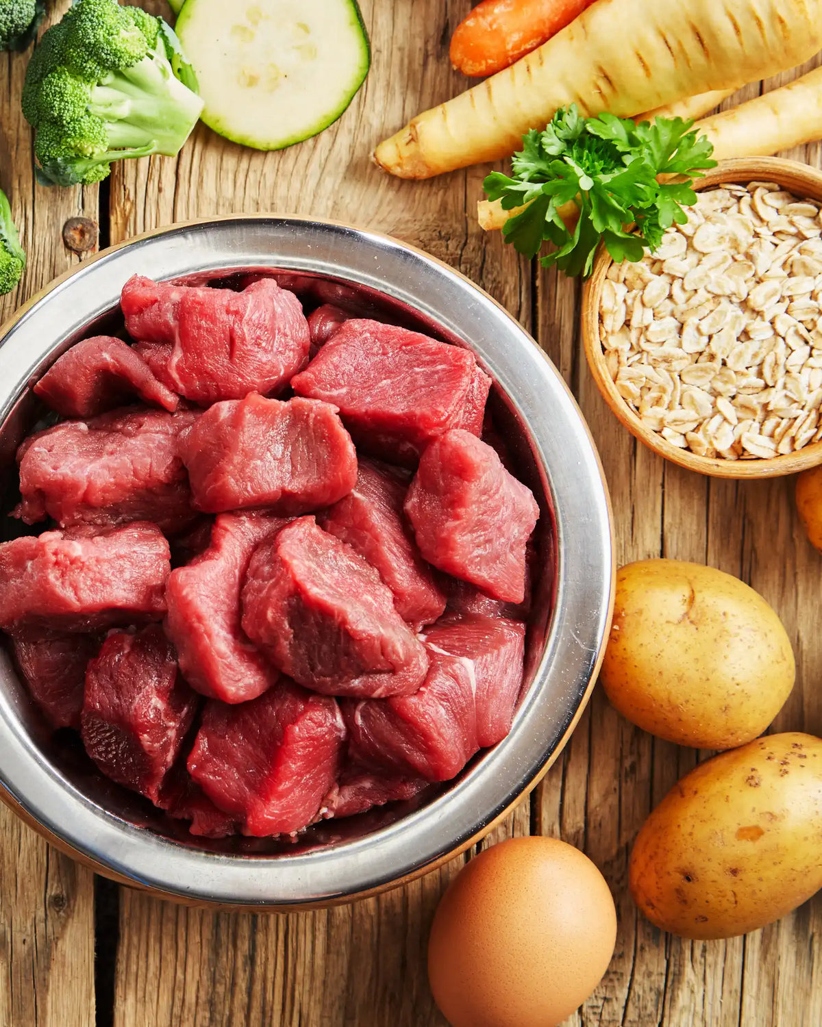 Napf mit rohen Rindfleischwürfeln umgeben von Kartoffeln, Ei, Haferflocken, Petersilie, Pastinaken, Zucchini und Brokkoli auf Holztisch 