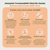 Infografik: Komplett-TrockenBARF Rind für Hunde – Highlights. Schonend getrocknetes BARF-Menü mit 6 Vorteilen: Schonend getrocknetes BARF (wichtige Nährstoffe bleiben erhalten), BARF-Qualität (komprimierte BARF-Mahlzeit nach dem BARF-Prinzip), Monoprotein (nur eine Proteinquelle, ideal bei Allergien), Ohne Zugabe von Getreide (getreidefrei), Ohne künstliche Konservierungsstoffe, Einfache Lagerung (kein Kühlen nötig, Zimmertemperatur).