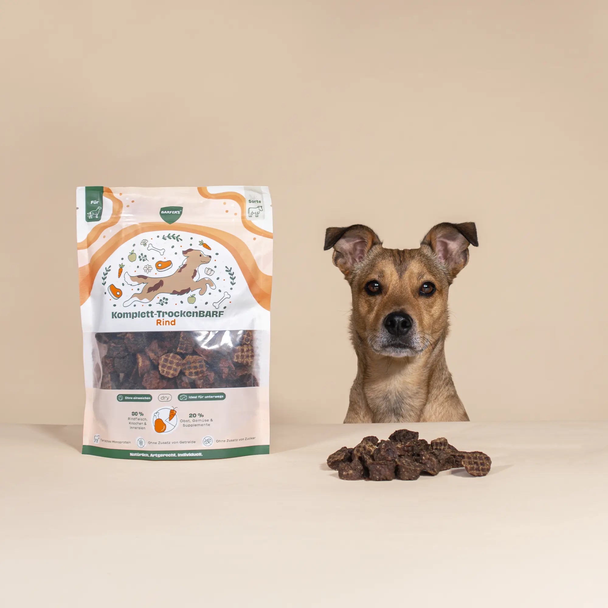 Kleiner brauner Hund sitzt neben einer 300 g Verpackung BARFER’S Komplett-TrockenBARF Rind, vor ihm liegen braune TrockenBARF-Stücke auf einem Tisch