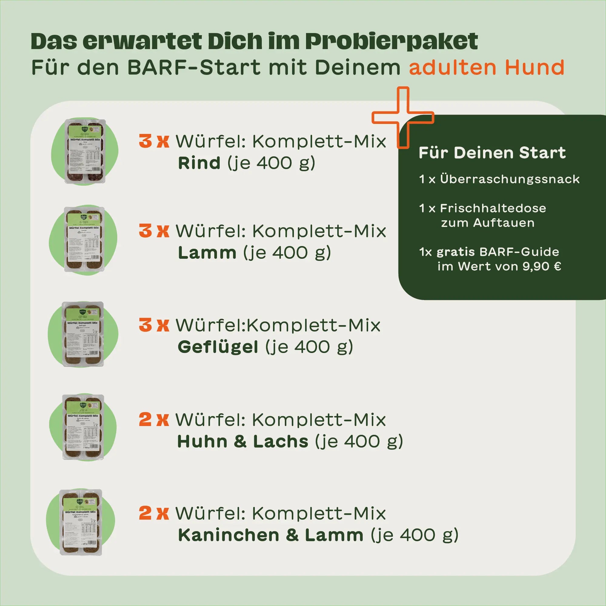 Infografik mit 5 Produktabbildungen der 400g-Würfelpackungen: Je 3x Komplett-Mix Rind, Lamm und Geflügel, je 2x Huhn & Lachs sowie Kaninchen & Lamm. Rechts daneben: 1 Überraschungssnack, 1 Frischhaltedose zum auftauen, 1 gratis BARF-Guide im Wert von 9,90 €. Überschrift: Das erwartet Dich im Probierpaket - Für den BARF-Start mit Deinem adulten Hund