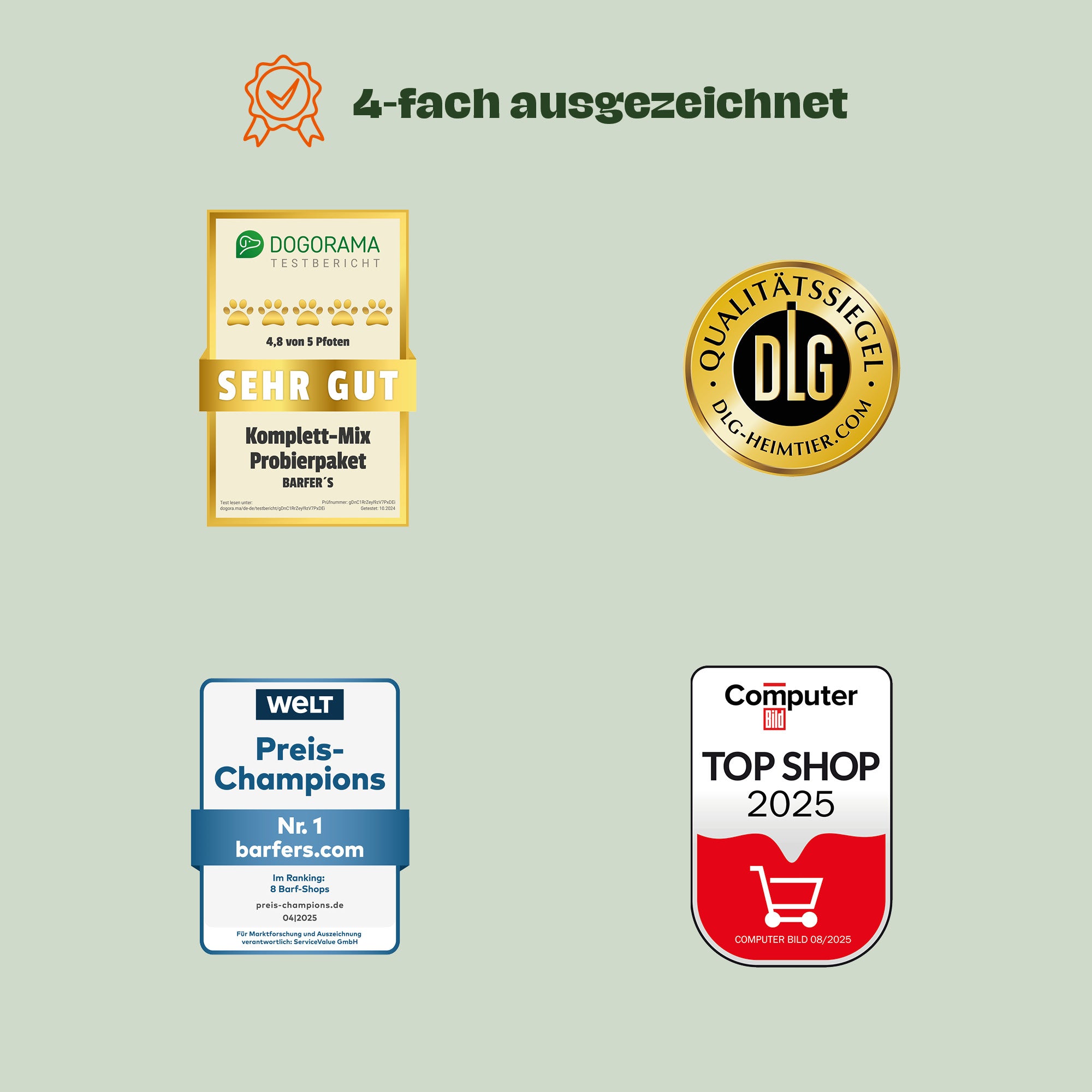 Infografik mit 4 Logos unter dem Titel '4-fach ausgezeichnet': DOGORAMA Testbericht 'SEHR GUT', DLG Qualitätssiegel, WELT Preis-Champions Nr. 1 barfers.com, Computer Bild Top Shop 2025