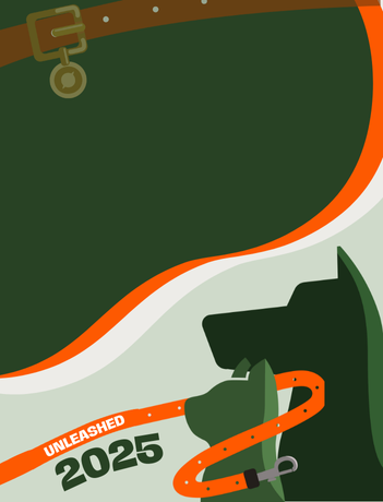 Illustration eines Hundes und einer Katze mit orangefarbener Leine und Halsband, Schriftzug „UNLEASHED 2025“ vor grünem Hintergrund