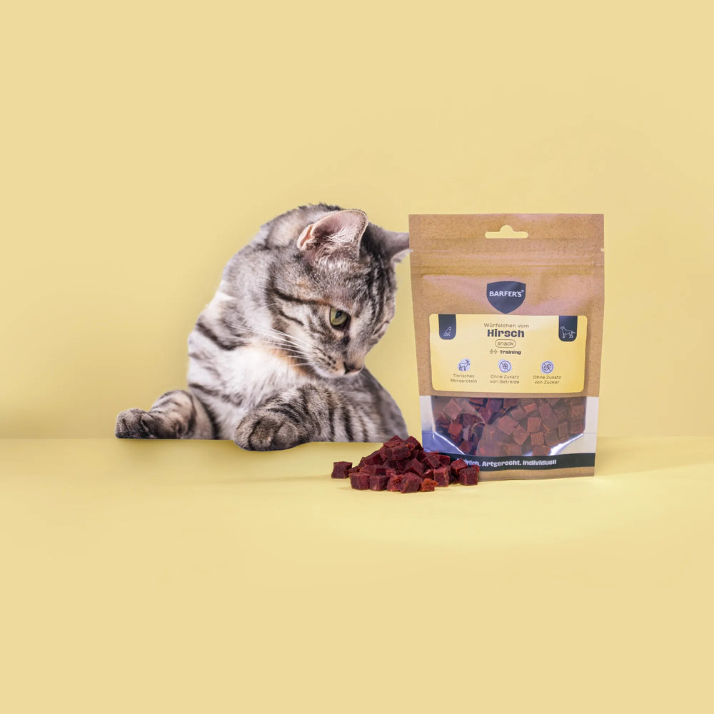 Eine schwarz-grau gestreifte Katze schaut Leckerli vom Hirsch der Marke BARFER'S an, die neben einer vollen Verpackung "Würfelchen vom Hirsch" liegen