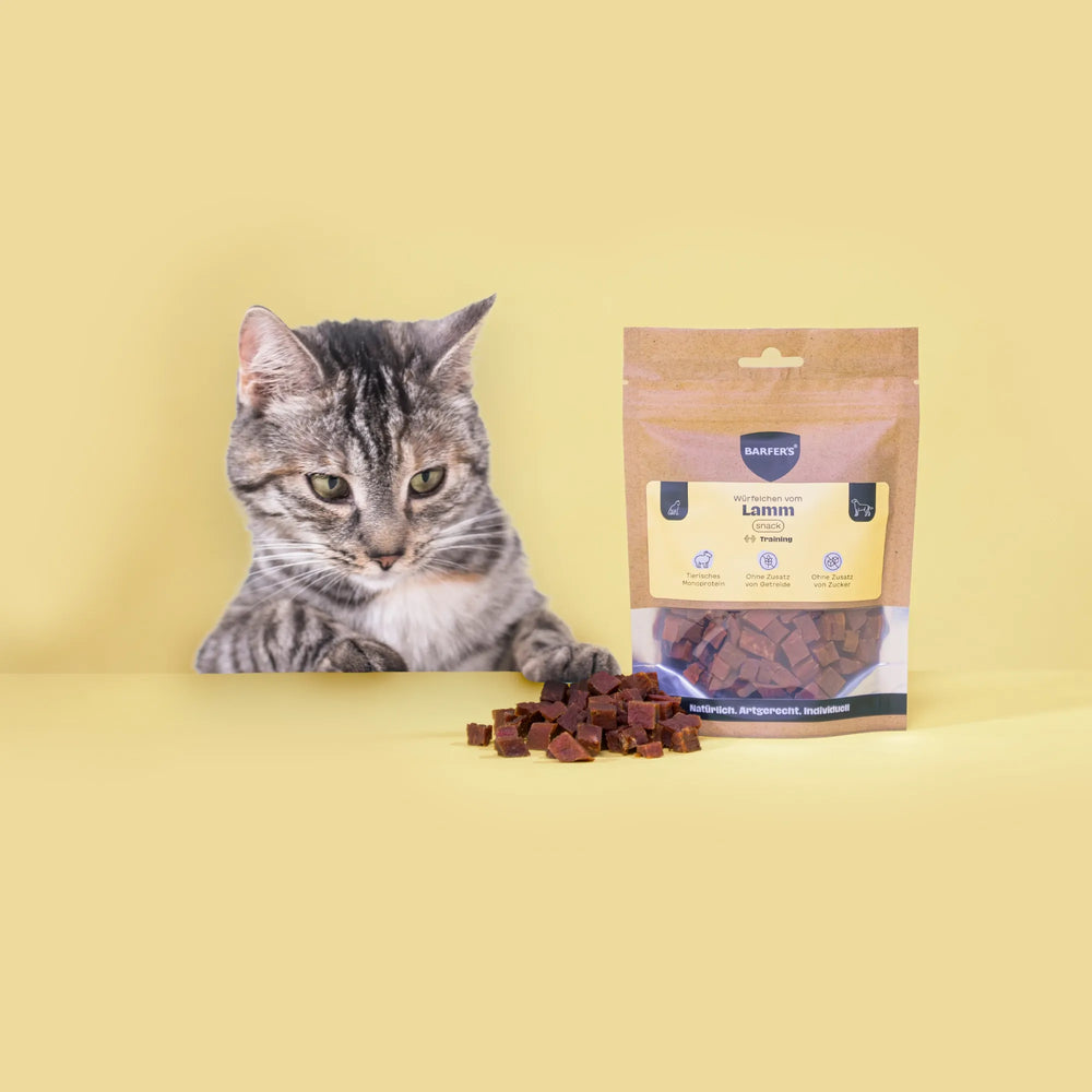 Eine schwarz-grau gestreifte Katze schaut Leckerli vom Lamm der Marke BARFER'S an, die neben einer vollen Verpackung "Würfelchen vom Lamm" liegen