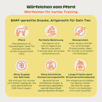 6 Illustrationen mit passendem Text zu den BARFER'S Leckerli "Würfelchen vom Pferd - Würfelchen für hartes Training": "Pferd", "Perfekte Belohnung", "Monoprotein", "Ohne Zugabe von Getreide", "Ohne künstliche Konservierungsstoffe" und "Lange Frische dank Druckverschlussbeutel"